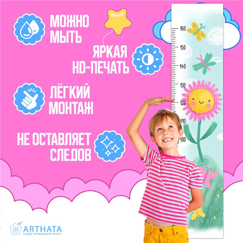 Навклейка ростомер в детскую для девочки цветок 28х127см