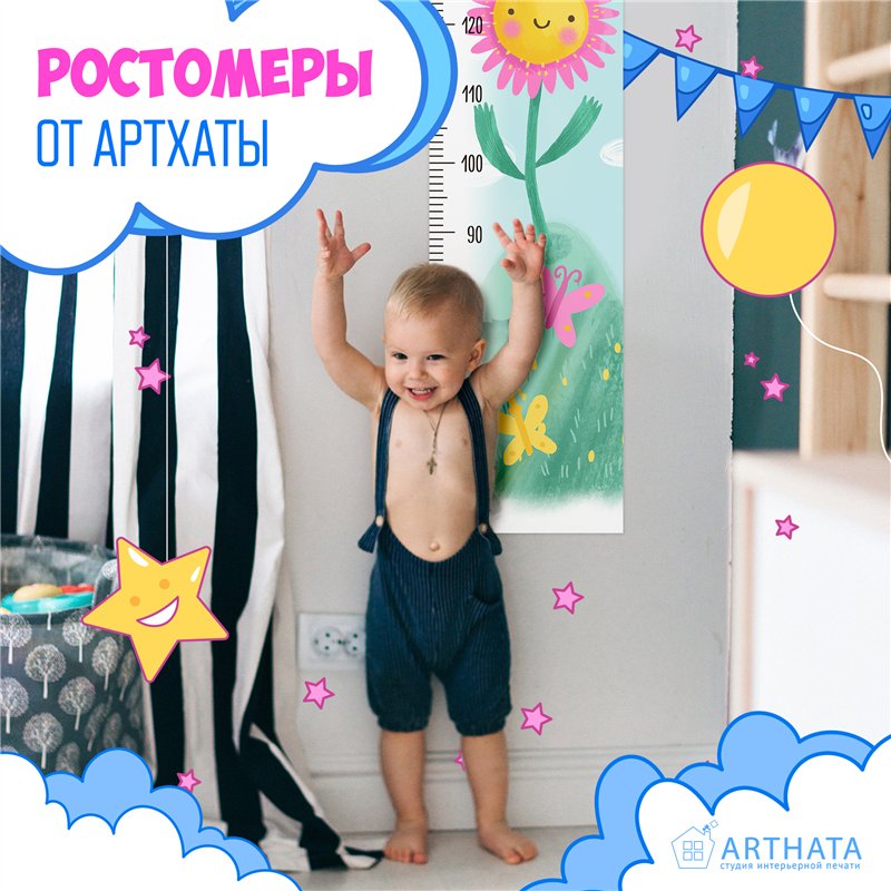 Навклейка ростомер в детскую для девочки цветок 28х127см