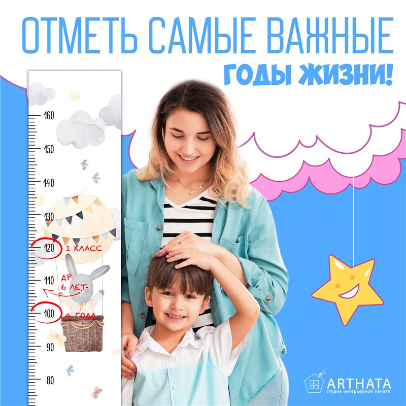 Наклейка в детскую ростомер с воздышным шаром 28х127см
